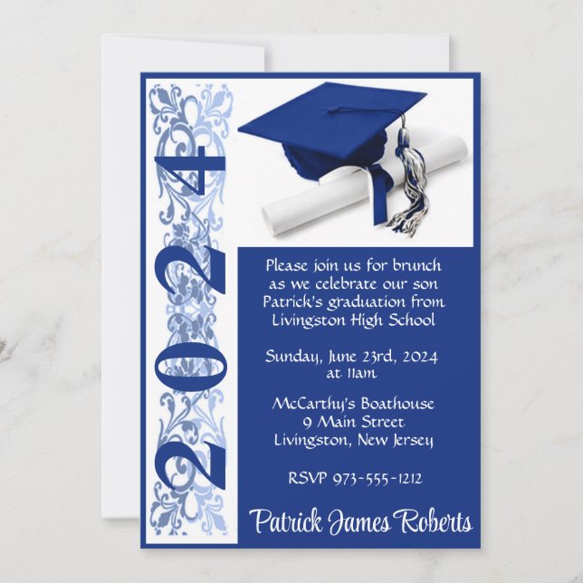 Invitación Cápsula y Diploma 5x7 Graduación de fondo azul (Anverso)