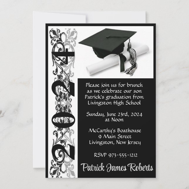 Invitación Cápsula y Diploma 5x7 Graduación de fondo negro (Anverso)