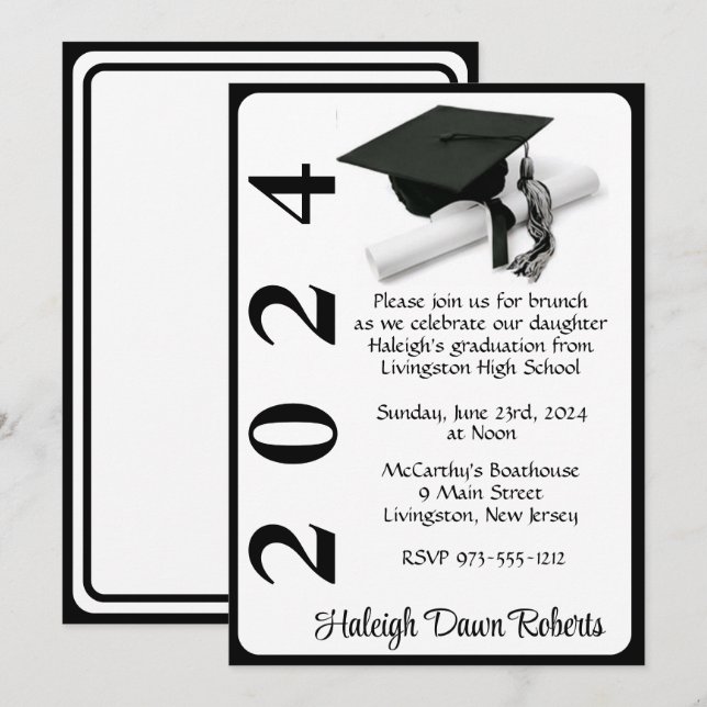 Invitación Cápsula y Diploma 5x7 Graduación en blanco y negro (Anverso / Reverso)