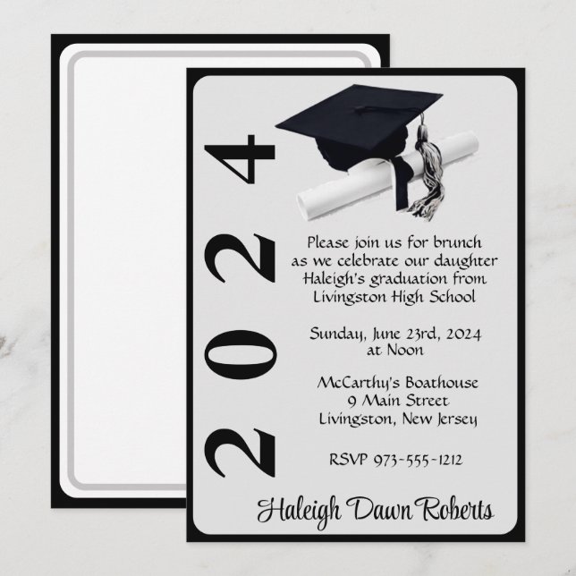 Invitación Cápsula y Diploma 5x7 Graduación en negro y platea (Anverso / Reverso)
