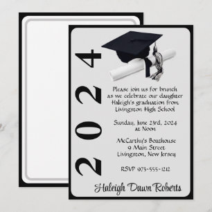Invitación Cápsula y Diploma 5x7 Graduación en negro y platea