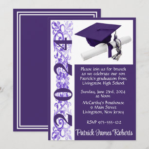 Invitación Cápsula y Diploma 5x7 Graduación púrpura y blanca