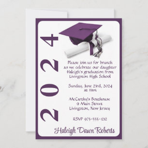 Invitación Cápsula y Diploma 5x7 Graduación púrpura y blanca