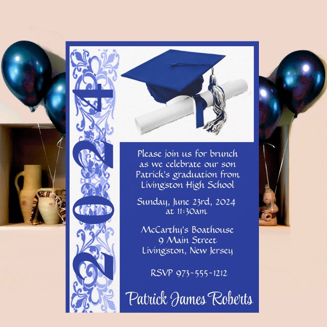 Invitación Cápsula y Diploma 5x7 Graduación real azul y blanc (Subido por el creador)