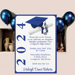 Invitación Cápsula y Diploma 5x7 Graduación real azul y blanc