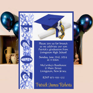 Invitación Cápsula y Diploma 5x7 Graduación real azul y oro