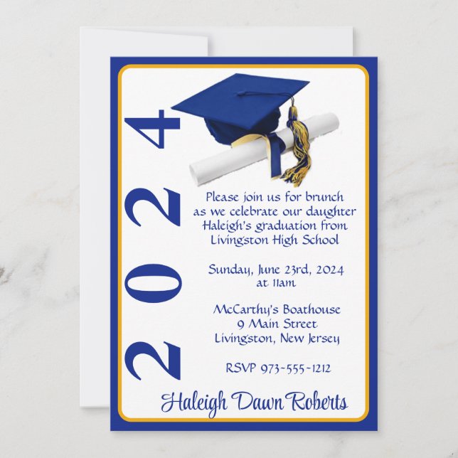 Invitación Cápsula y Diploma 5x7 Graduación real azul y oro (Anverso)