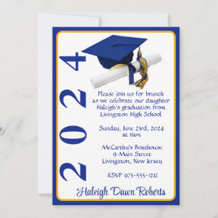 Invitación Cápsula y Diploma 5x7 Graduación real azul y oro