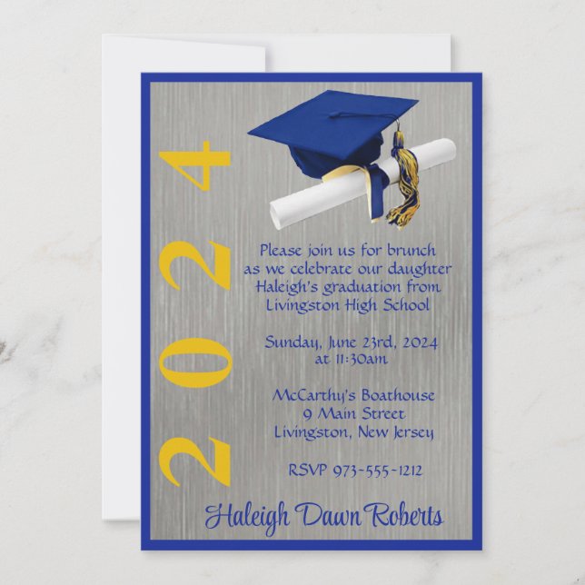 Invitación Cápsula y Diploma 5x7 Graduación real azul y oro (Anverso)