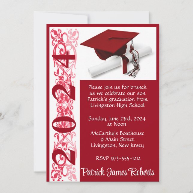 Invitación Cápsula y Diploma 5x7 Graduación roja escarlata (Anverso)
