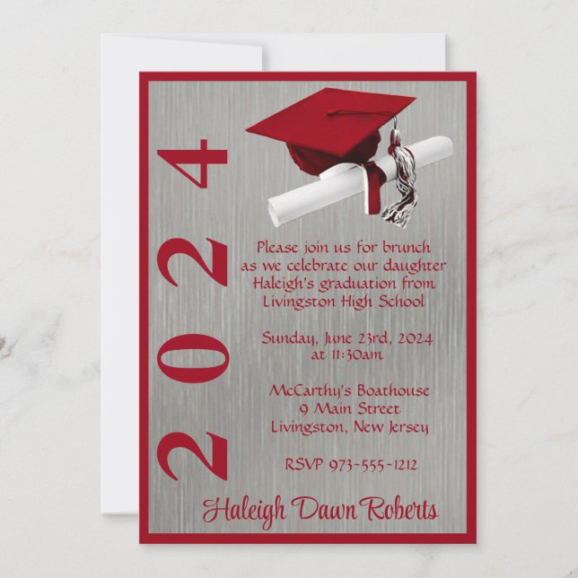 Invitación Cápsula y Diploma 5x7 Graduación rojiza/plateada e (Anverso)