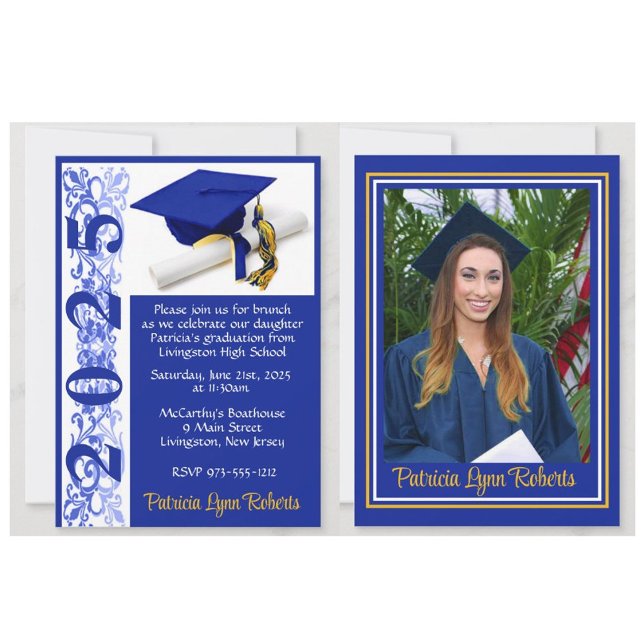 Invitación Cápsula y Diploma Foto Graduación Real Azul y Oro (Graduation invitations with photos and a cap and diploma design!)