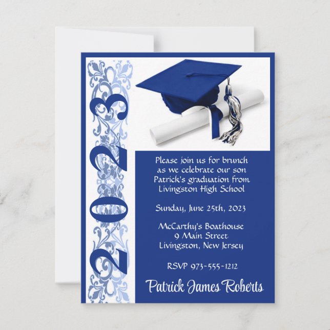 Invitación Cápsula y Diploma, Graduación de fondo azul (Anverso)