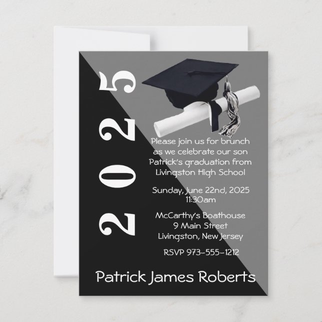 Invitación Cápsula y Diploma, Graduación Negra y Gris (Anverso)