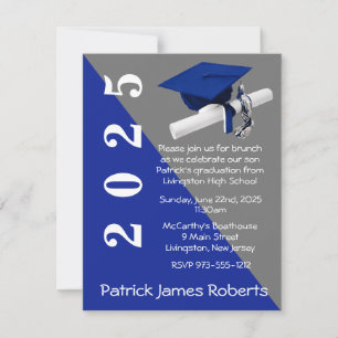 Invitación Cápsula y Diploma, Graduación Real Azul y Gris