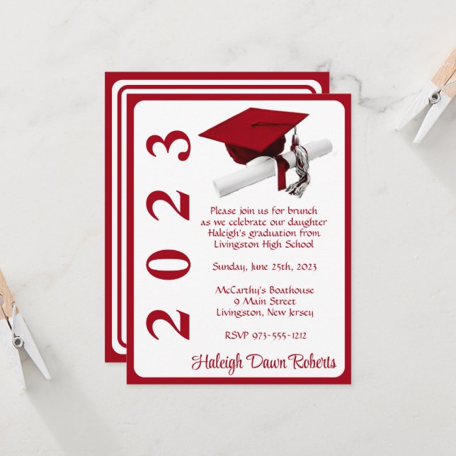 Invitación Cápsula y diploma, graduación roja (Anverso/Reverso In Situ)