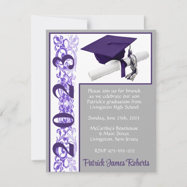 Invitación Cápsula y Diploma, Púrpura, Gris, Graduación Blanc (Anverso)
