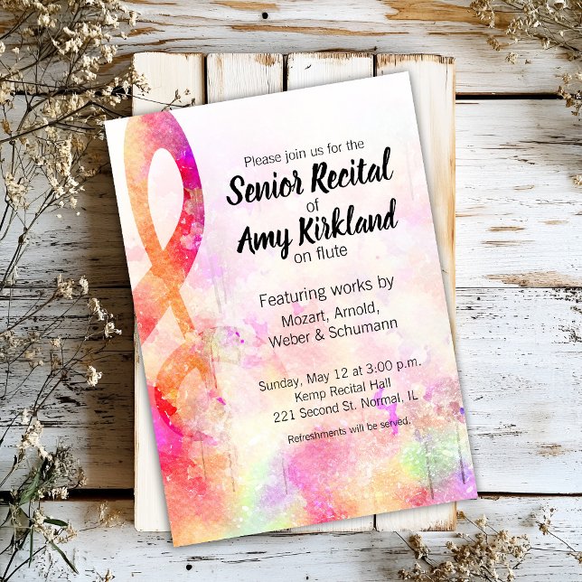 Invitación Captura de árboles de acuarela Recital (Pink watercolor abstract treble clef themed music recital invitation - customizable.)