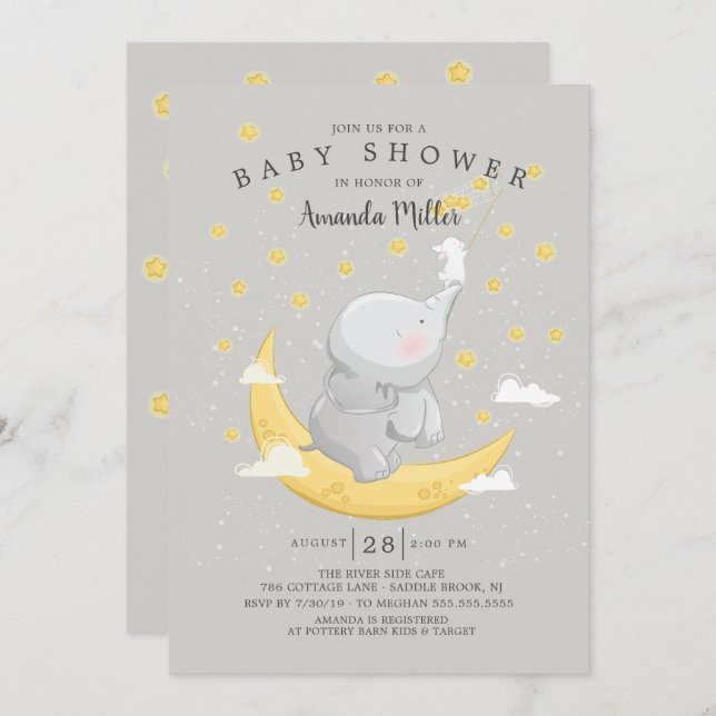 Invitación Captura Un Estrella Neutral Elefante Bunny Baby Sh (Anverso / Reverso)