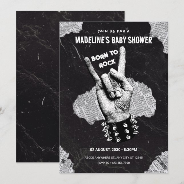 Invitación Capucha de bebé metalizado de Rock Negro (Anverso / Reverso)
