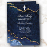 Invitación Capucha de oro azul Agate Geode Primera Comunión S<br><div class="desc">Moderna y elegante acuarela azul y oro Agate Geode Primera invitación de la Santa Comunión</div>