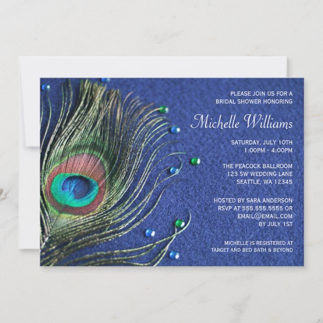 Invitación Capucha de pavo real Joyas Azul Bridal Ducha (Anverso)