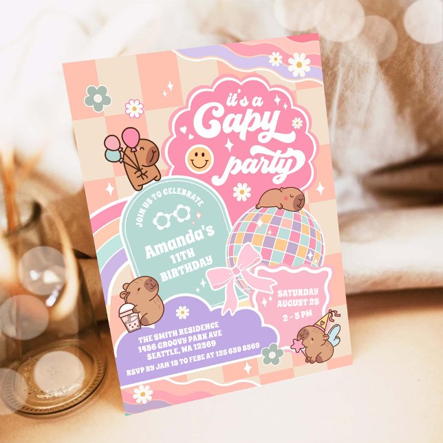 Invitación Capy Party Cloud Rainbow Disco Birthday Invitation (Subido por el creador)