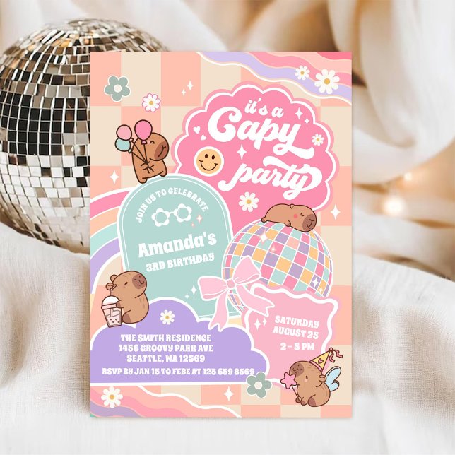 Invitación Capy Party Retro Groovy Daisy Birthday Invitation (Subido por el creador)