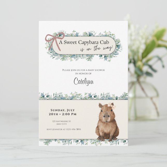 Invitación Capybara Baby Shower Invitation • Greenery Theme (Anverso de pie)