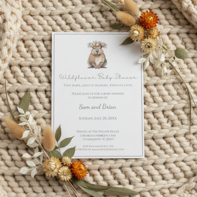 Invitación Capybara Baby Shower • Wildflower Boho (Boho baby shower invitation with watercolor capybara and floral crown on cream knitted blanket)