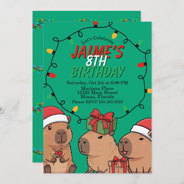 Invitación Capybara Christmas Lights Birthday Party  (Anverso / Reverso)