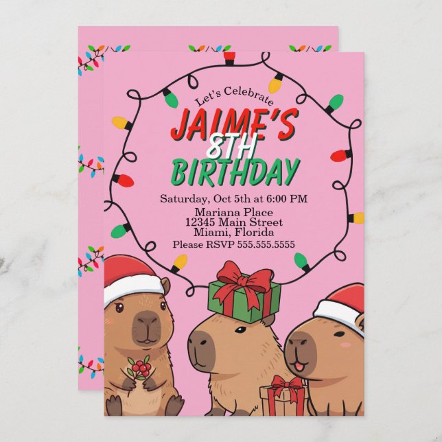 Invitación Capybara Christmas Lights Birthday Party  (Anverso / Reverso)