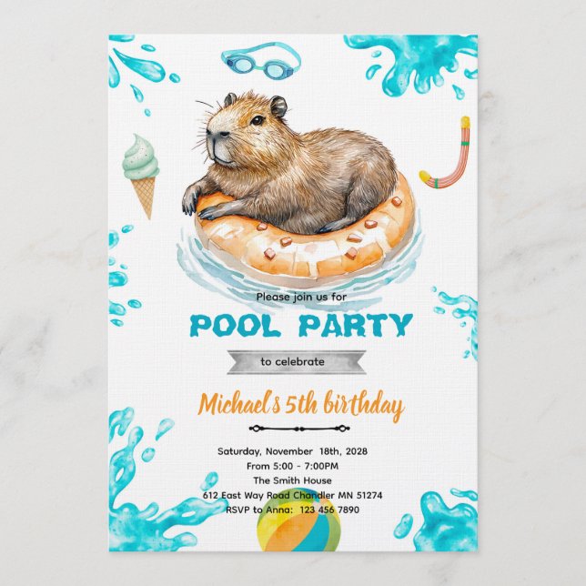 Invitación Capybara Pool Party Birthday Invitation (Anverso)