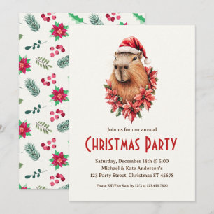 Invitación Capybara Santa Hat Poinsettias Navidades Fiesta