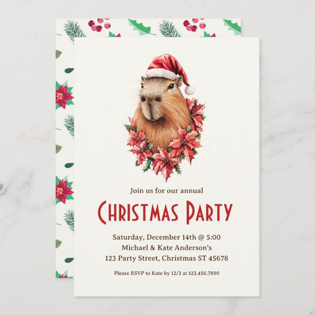 Invitación Capybara Santa Hat Poinsettias Navidades Fiesta (Anverso / Reverso)