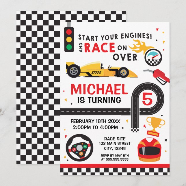 Invitación Car Racing  Birthday kid Invitation (Anverso / Reverso)