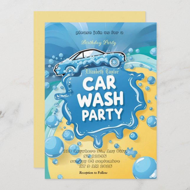 Invitación Car Wash party Invitation – Suds  Celebration (Anverso / Reverso)