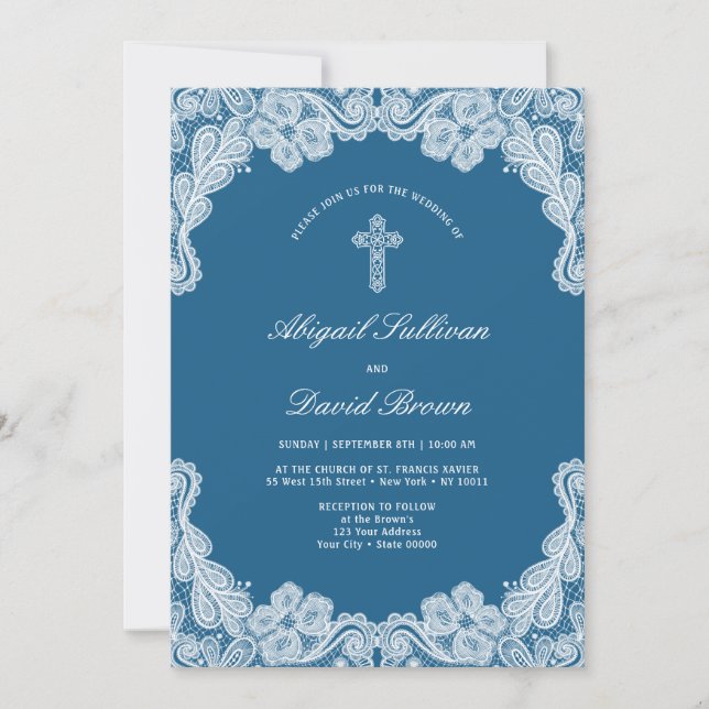 Invitación Cara blanca sobre Boda religioso azul (Anverso)