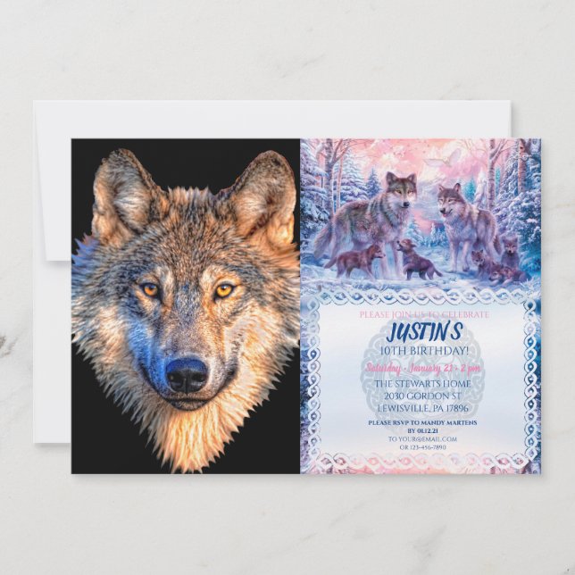 Invitación Cara de animal lobo. Cabeza de lobo gris asustado (Anverso)