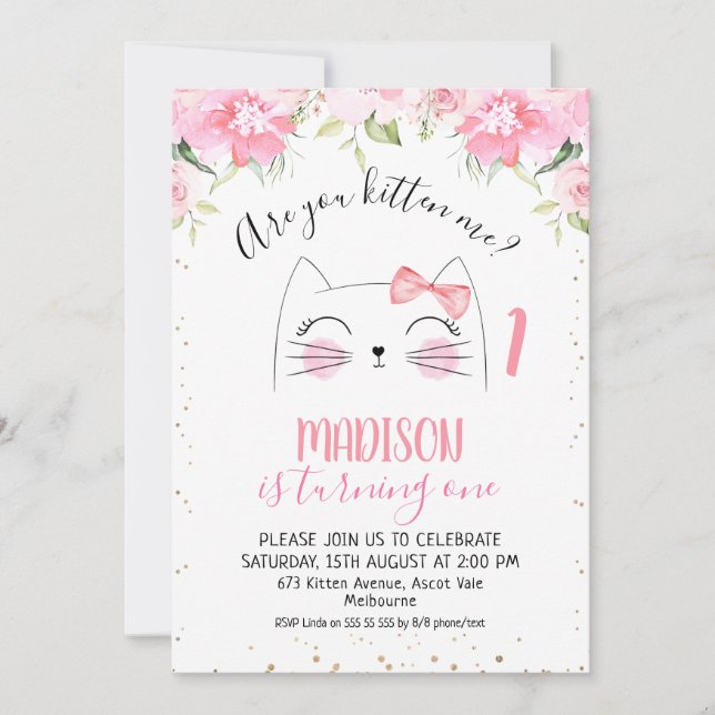 Invitación Cara de gatito floral es tu gatito me cumpleaños (Anverso)