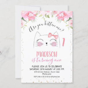 Invitación Cara de gatito floral es tu gatito me cumpleaños