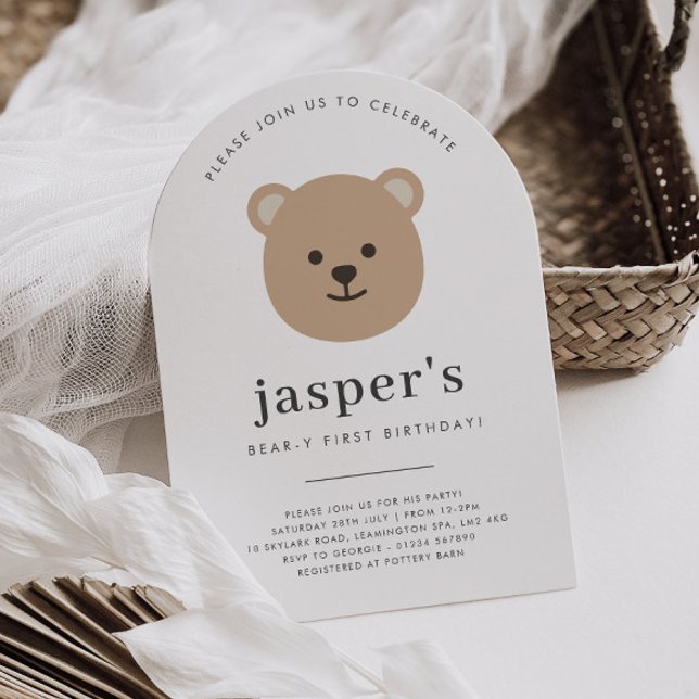 Invitación Cara de Osito Arquedada Primera Cumpleaños (Zazzle Teddy Bear Face Arched First Birthday Invitation)