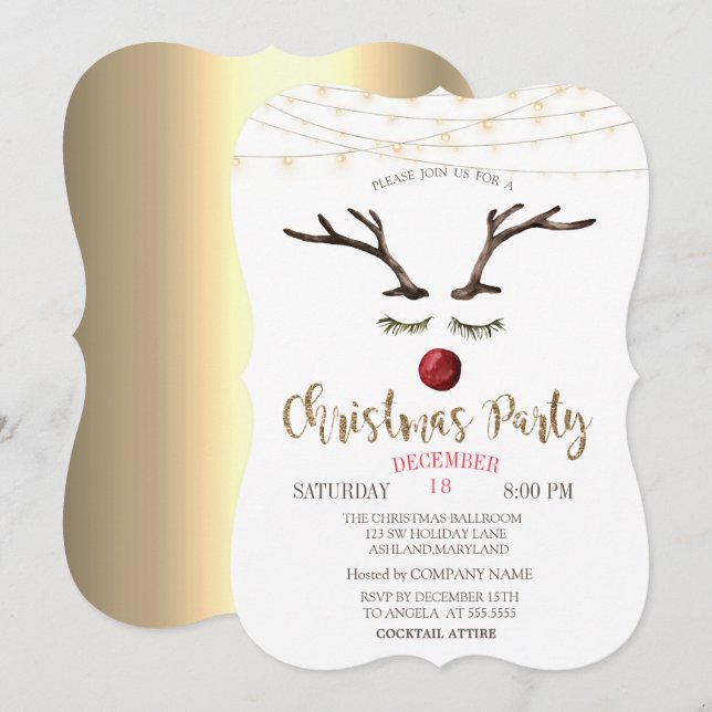 Invitación Cara de Reno,Luces de Cadena Doradas Compañía de N (Anverso / Reverso)