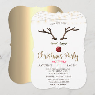 Invitación Cara de Reno,Luces de Cadena Doradas Compañía de N