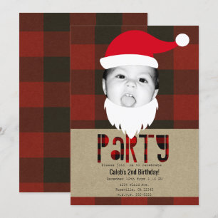 Invitación Cara de Santa de Navidad a Cuadros Rojos Foto Fies