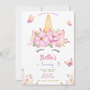 Invitación Cara de Unicornio Acuarela Floral Fiesta de Cumple