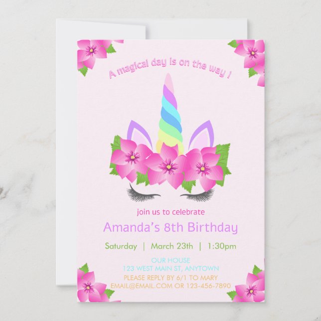 Invitación Cara de unicornio adorable con chica de flores (Anverso)