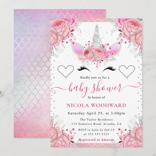 Invitación Cara de Unicornio con Brillo Rosa y Plateado para  (Anverso / Reverso)