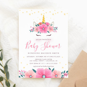 Invitación Cara de Unicornio con Estrellas Florales en Acuare