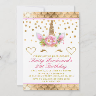 Invitación Cara de Unicornio Cumpleaños Fiesta Confeti Rosa D